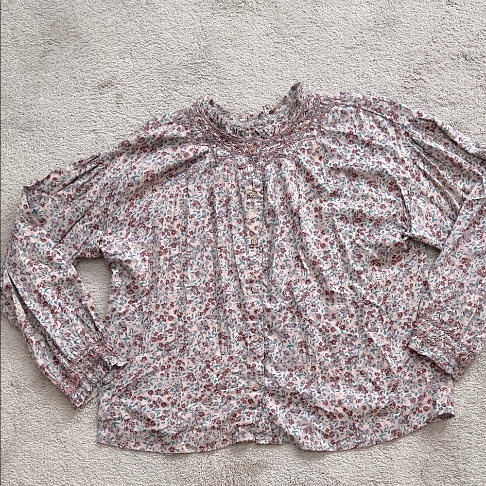 Bohemian Multicolor Floral Blouse with Smocked Cuffs and Collar- size XL